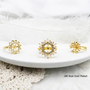 18K Gold Plated Copper DIY Adjustable Ring Settings Micro Pave Rhinestone Snowflake Flower Daisy Ring Base Jewelry Components