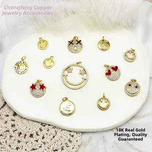 Smiley Face Pendant Charm Copper 18K Gold Plated Zirconia Micro Pave Star Heart Pattern DIY Jewelry Making Pendant Only
