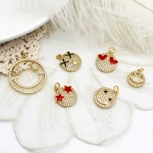 Gold plated micro-paved smiley face charms with sparkling zirconia for DIY jewelry making
