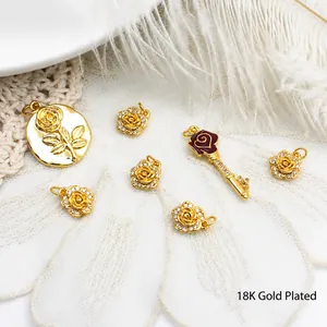 18K Gold Plated Copper Rose Flower Round Plate Pendant Key Charm With Rhinestone For DIY Necklace Bracelet Jewelry Making Accessories