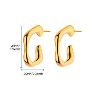 Irregular 18k gold plated wave earrings in geometric C-shape design with 24mm height