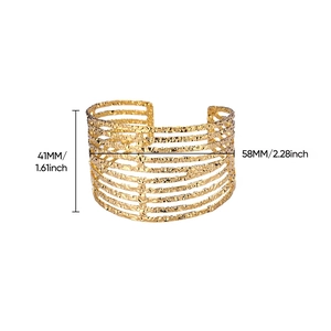 Size specifications for gold layered cuff bracelet with 41mm height and 58mm inner diameter