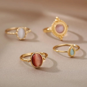 Vintage Copper Artificial Cat Eye Stone Open Ring For Women Luxurious Oval Geometric Electroplated Fashion Jewelry Adjustable Ring