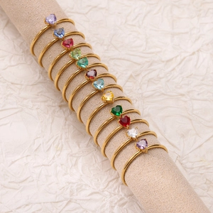 Minimalist Stainless Steel Colorful Rhinestone Heart Rectangular Birthstone Adjustable Open Ring For Women Jewelry Gift