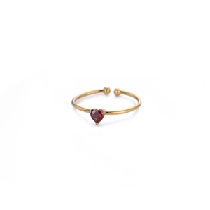 Adjustable golden heart ring with a vibrant red zircon heart-shaped gemstone