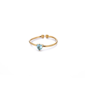 Adjustable gold ring with light blue heart-shaped gemstone and bead end details