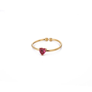 Adjustable golden ring featuring a red heart-shaped gemstone and cubic zirconia