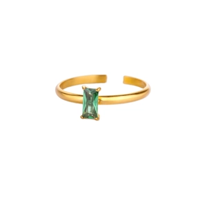 Golden stackable open heart ring with emerald green rectangular zircon stone