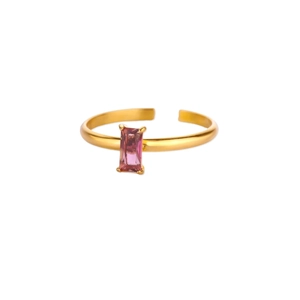 Pink rectangular zircon heart ring with adjustable gold-plated band for women