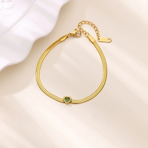 Gold stainless steel snake chain bracelet with heart green gemstone and lobster clasp