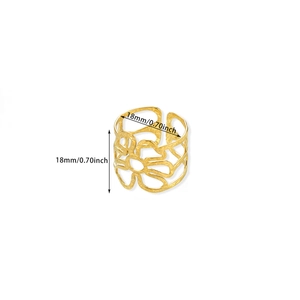 Detailed view of hollow floral layered ring with 18mm diameter measurement