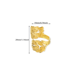 Detail view of 18k gold leaf ring showing hammered texture and dimensions 29mm by 19mm