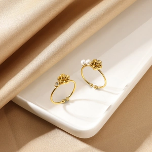 Gold plated titanium steel open rings with 3D rose flower, pearls, and zircon accents