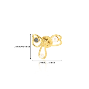 Elegante spilla a fiocco dorata con perle e gemma blu con dimensioni di 30mm