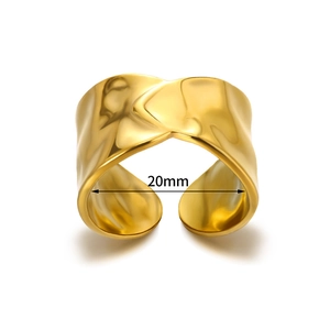 Modern wide gold-plated stainless steel open ring with artistic hammered texture, 20mm diameter