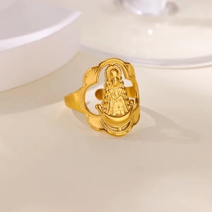 18k gold plated stainless steel open ring featuring a Virgin Mary religious relief