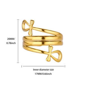 Gold spiral Ankh cross ring for women with 20mm height and 17mm inner diameter