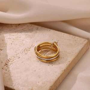 Stainless Steel Layered Linked Band Ring Gold Silver Two-tone Rhinestone Frosted Inlaid Niche Design Finger Ring For Women Jewelry