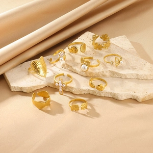 10pcs gold stainless steel rings set with faux pearls and cross charms for women