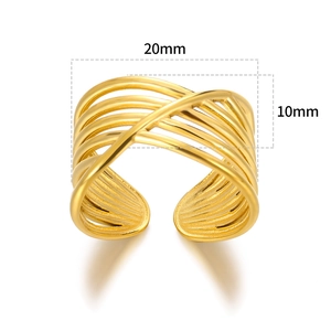 Detailed view of gold multi-layer crisscross open ring showing dimensions 20mm by 10mm