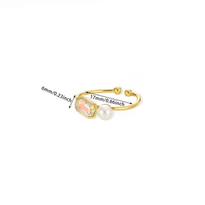 Detailed size view of gold ring with pink gemstone and pearl, 17mm inner diameter