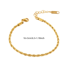 Minimalist 18k gold plated stainless steel rope chain bracelet with 16+3cm length