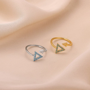 Minimalist geometric triangle open ring with blue stone in gold and silver plating