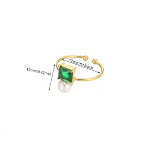 Gold open ring featuring emerald square stone and white pearl with 17mm inner diameter