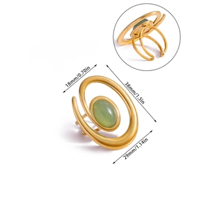 Vintage gold plated spiral open ring with green faux jade oval stone 38mm