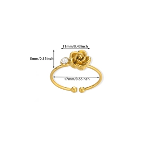 Detail view showing dimensions of a gold rose ring with crystal and 17mm inner diameter