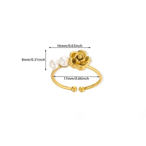 Detail view of gold-tone rose and pearl open ring showing dimensions 16mm by 8mm
