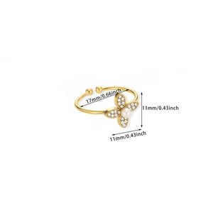 Detailed view of adjustable gold flower ring with pearl and zirconia showing size dimensions