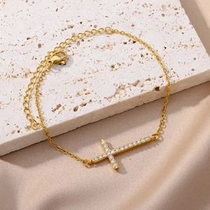 Bracciale a Croce in Acciaio Inossidabile Minimalista Con Strass Intarsiato Placcato Oro Argento Gioielli Religiosi Donna Uomo