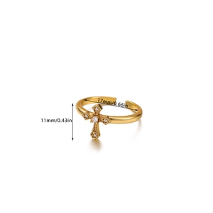 Detail view of gold adjustable cross ring with zircon accents and size dimensions