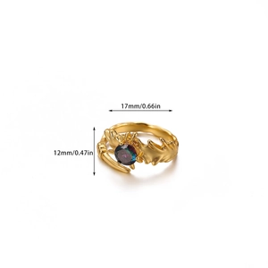 Detail showing the dimensions of gold ring with iridescent gemstone and textured band