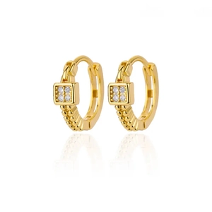 Gold huggie hoop earrings featuring square zircon insets and detailed beaded texture