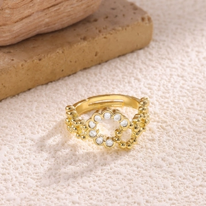 18K gold plated bow and heart zircon open ring with beaded relief pattern design
