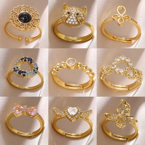 Copper 18K Gold Plated Rhinestone Bow Knot Butterfly Heart Wing Adjustable Open Ring Niche Design Fashion Jewelry For Women