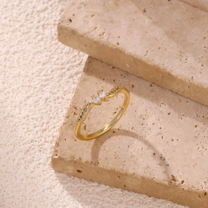 Minimalist 18k gold plated wave ring with two round white cubic zirconia stones
