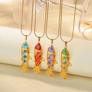 18k gold plated stainless steel necklaces with colorful enamel koi fish pendants set