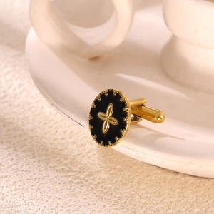 Luxurious gold stainless steel cufflinks with black enamel cross and floral relief design