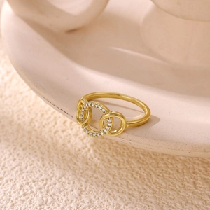 Luxurious gold plated triple interlocking ring with sparkling zircon stones for women