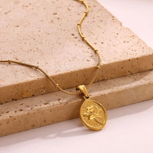 Collana vintage in acciaio inossidabile placcato oro 18K con ciondolo a fiore di loto
