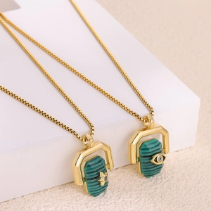 Gold stainless steel evil eye pendant necklace with green malachite stone and zircon