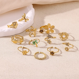 18K Gold Plated Stainless Steel Open Ring For Women Faux Artificial Pearl Zircon Geometric Flower Star Heart Adjustable Finger Ring Jewelry