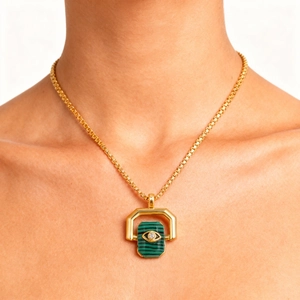 Stainless Steel Rhinestone Evil Eye Pendant Necklace For Women Rotatable Heart Star Vintage Malachite Style Gold Plated Jewelry
