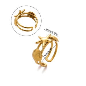 Adjustable 18K gold-plated stainless steel ring with starfish, shell, and faux pearl details