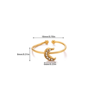 Detailed view of gold moon ring with sparkling crystals and precise size measurements