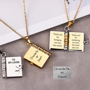 Customizable stainless steel book pendant necklace with engraved letter in gold and silver