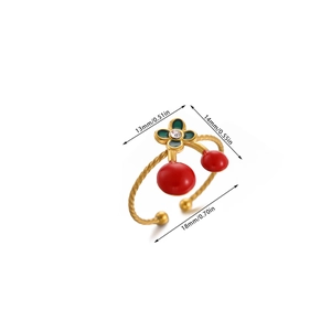 Gold stainless steel adjustable fruit ring featuring a red cherry and green flower design